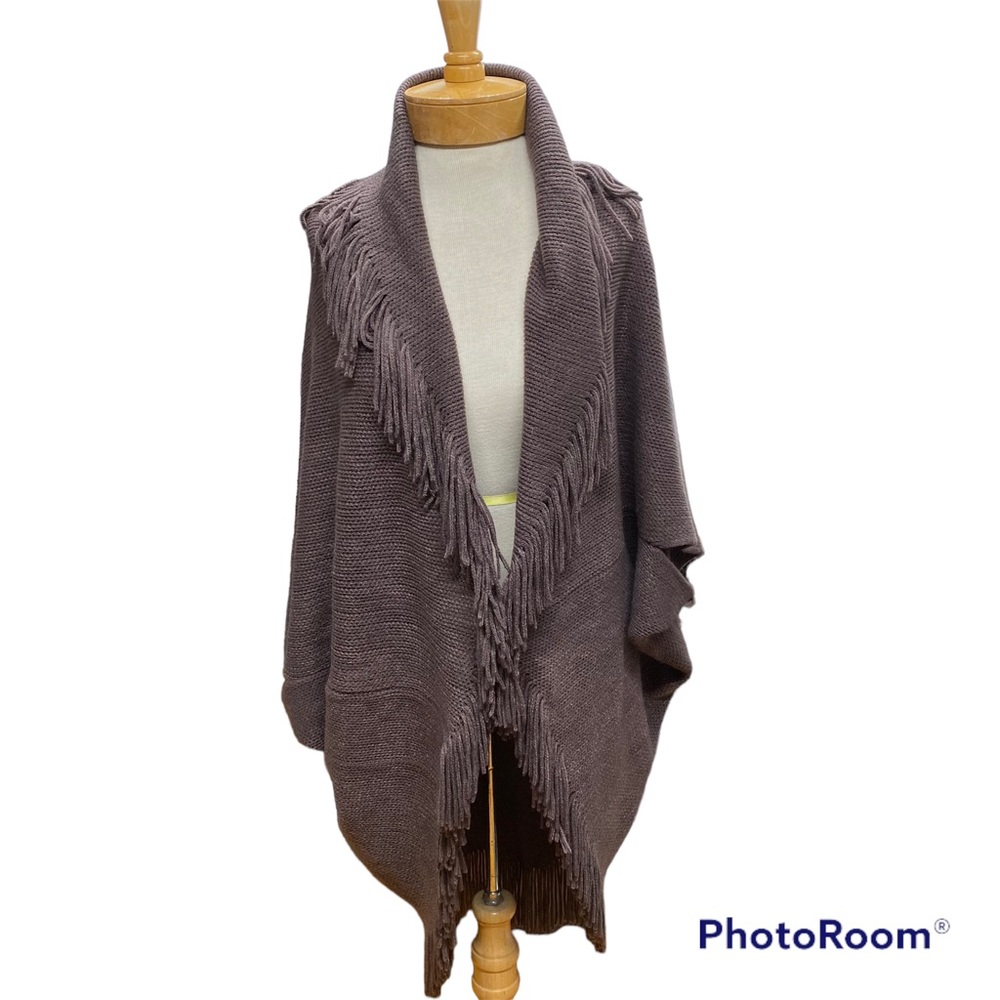 Marvelush Brown Shrug Poncho w/ Arm Holes & Fringe One Size Boho Cozy Hippie